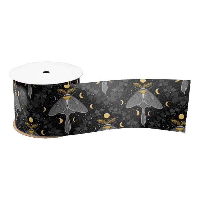 Luna moth, moon phases and ivy damask pattern satin ribbon (Spool)