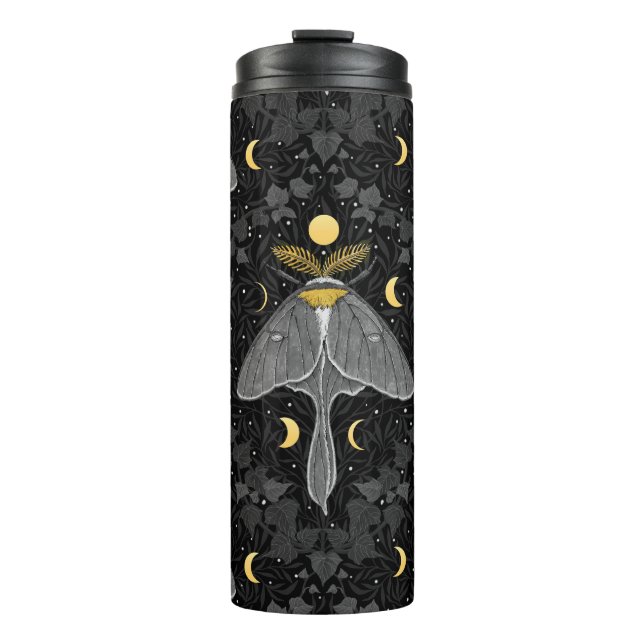 Luna moth, moon phases and ivy damask pattern thermal tumbler (Front)