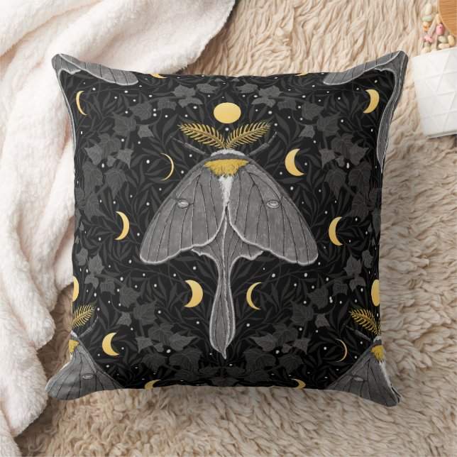 Luna moth, moon phases and ivy damask pattern throw pillow (Blanket)