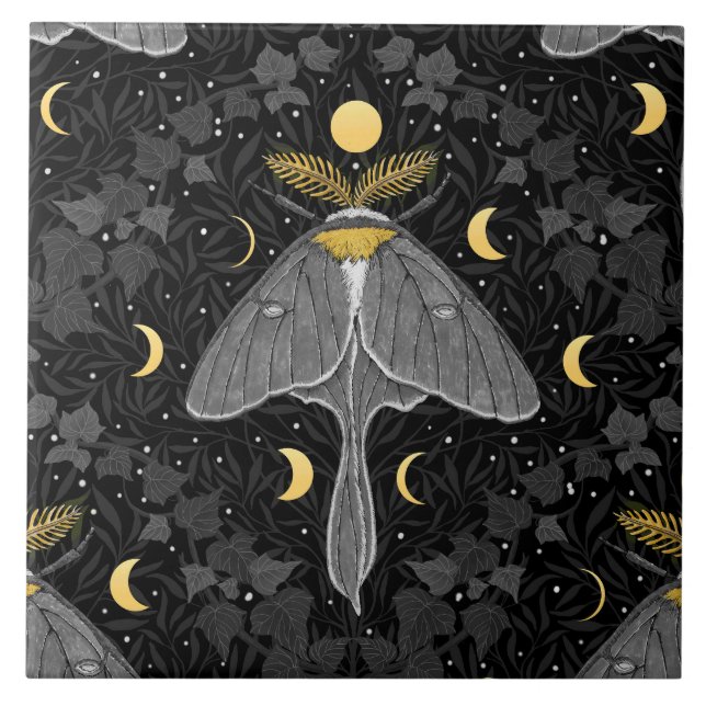 Luna moth, moon phases and ivy damask pattern tile (Front)