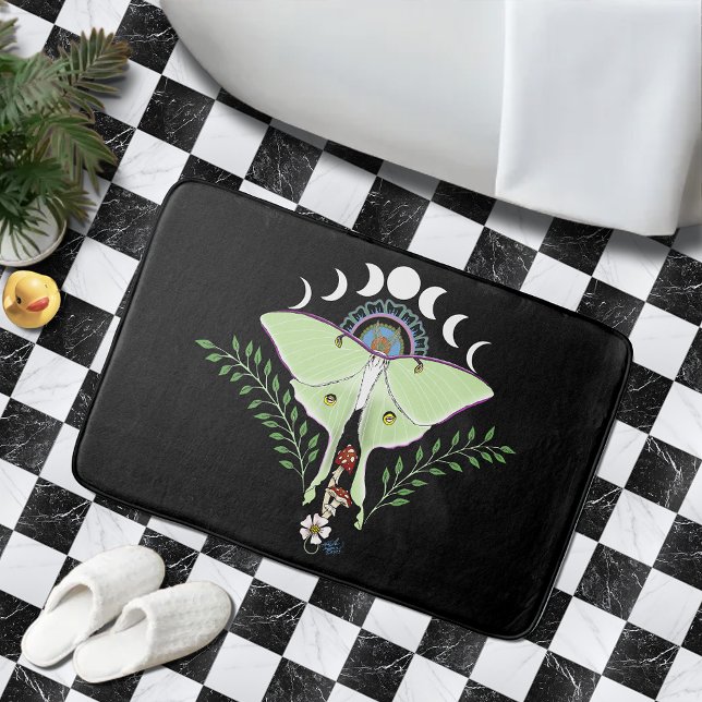 Luna Moth Moon Phases Black Bath Mat (Creator Uploaded)