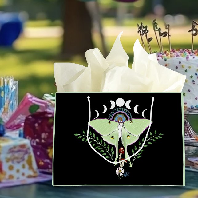 Luna Moth Moon Phases Black Large Gift Bag (Creator Uploaded)