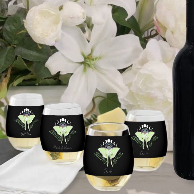 Luna Moth Moon Phases Stemless Wine Glass (Creator Uploaded)