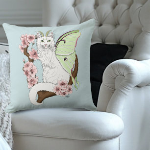 Luna Moth Moon White Cat Green Throw Pillow