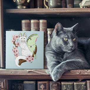 Luna Moth Moon White Cat Green Tile