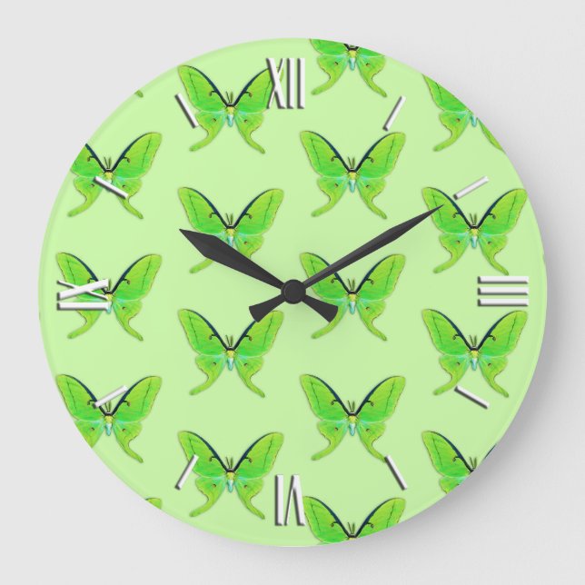 Luna moth on a pale green background large clock (Front)