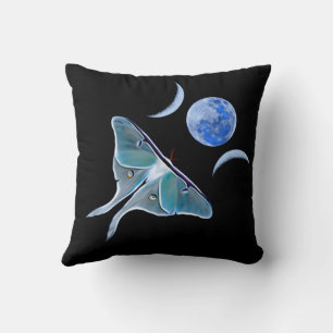 Luna Moth Triple Moon on Black Throw Pillow