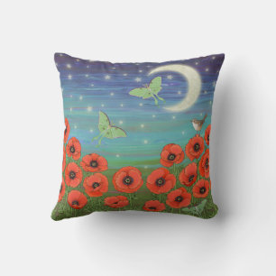 Luna moths and house wren on poppies at night throw pillow