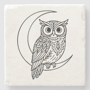 Luna Owl Line Art with Crescent Moon Stone Coaster