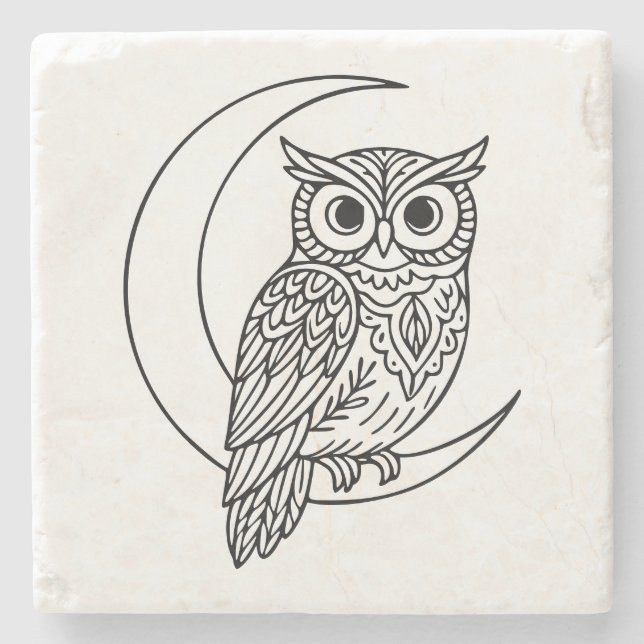 Luna Owl Line Art with Crescent Moon Stone Coaster (Front)