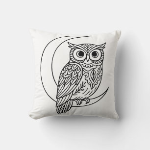 Luna Owl Line Art with Crescent Moon Throw Pillow