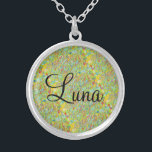 Luna script girl name abstract art background silver plated necklace<br><div class="desc">Female name Luna with greenish abstract art background</div>