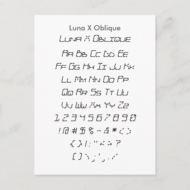 Luna X Oblique - Zazzle Font Sampler Sheet Postcard (Front)