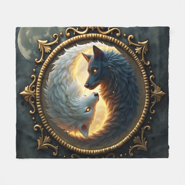 Lunar Balance – Where Shadows Embrace the Light.  Fleece Blanket (Front (Horizontal))