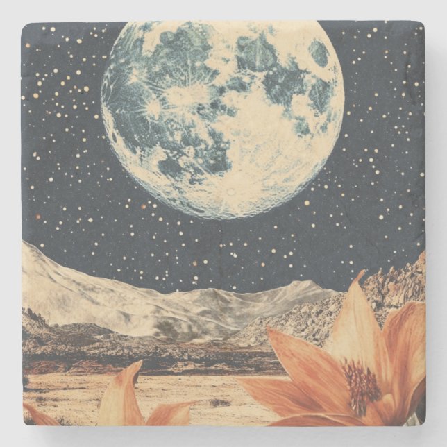 Lunar Bloom Over Sandy Peaks Stone Coaster (Front)