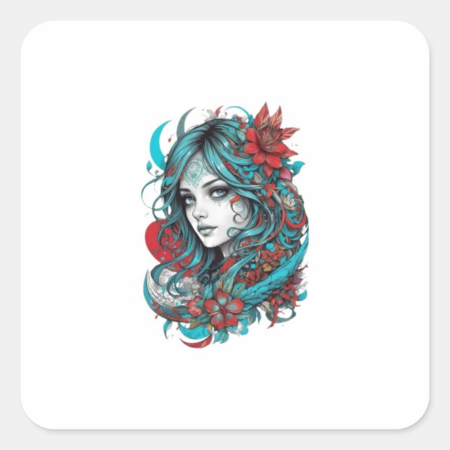 Lunar Blossom Reverie Turquoise Moonchild Crimson  Square Sticker (Front)