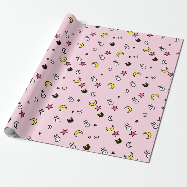 Lunar Cat Bunny Star Wrapping Paper (Unrolled)