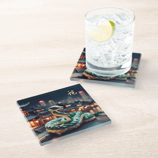 Lunar Chinese New Year Snake 2025 Birthday GC Glass Coaster (Angled)
