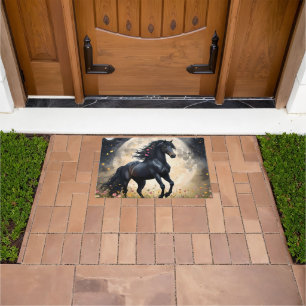 Lunar Elegance: Black Fantasy Horse with Moon  Doormat