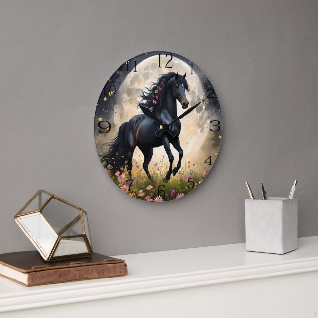 Lunar Elegance: Black Fantasy Horse with Moon  Large Clock (Office)