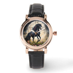 Lunar Elegance: Black Fantasy Horse with Moon Watch