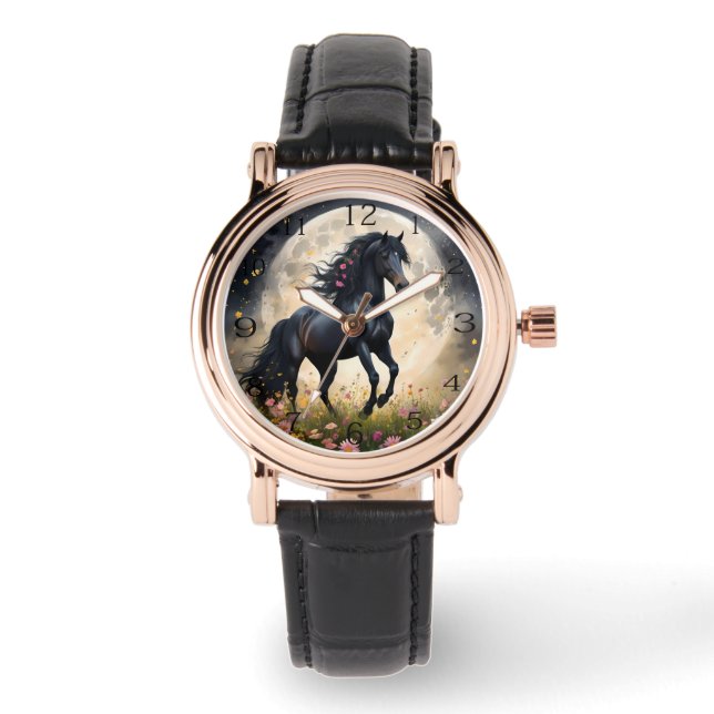 Lunar Elegance: Black Fantasy Horse with Moon  Watch (Front)