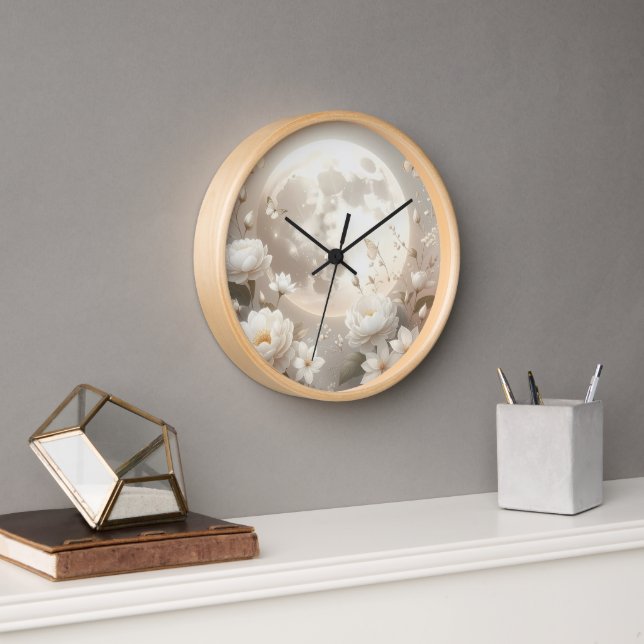 Lunar Floral Timepiece: Ethereal White Peonies & B Clock (Office)