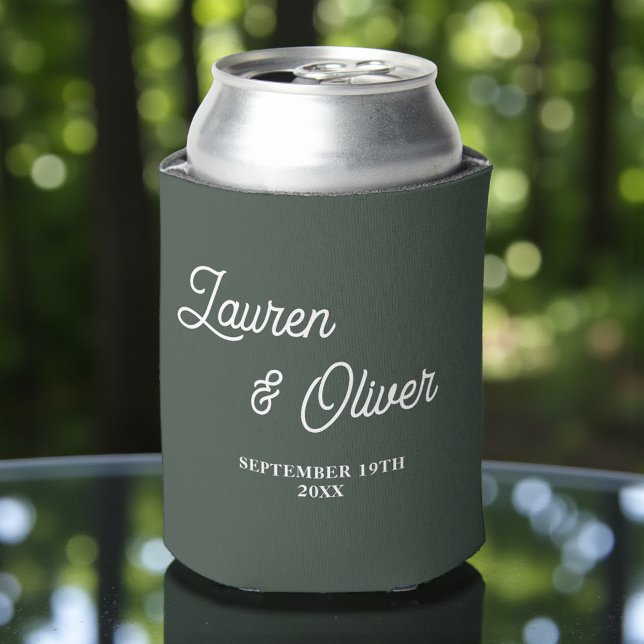 Lunar Green Script Minimalist Wedding Can Cooler (Creator Uploaded)