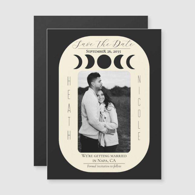 Lunar Luxe Black & Cream Moon Phase Save The Date (Front/Back)