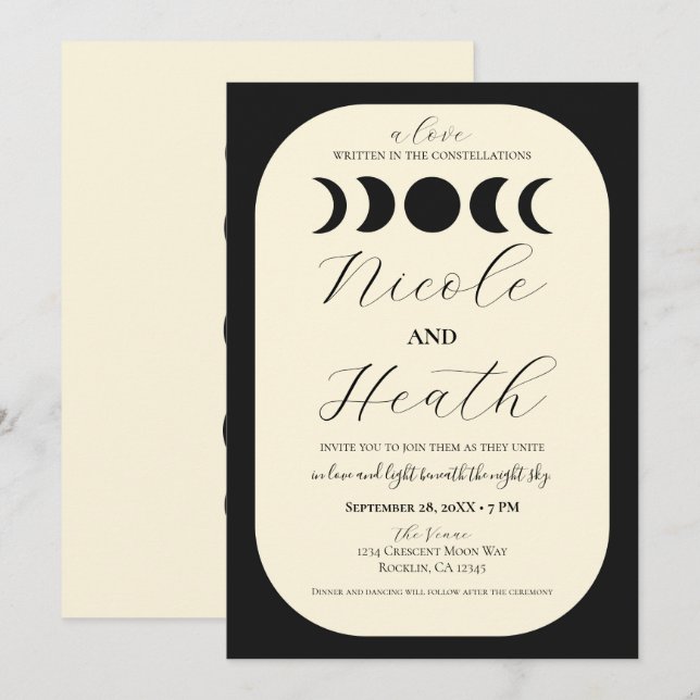 Lunar Luxe Black & Cream Moon Phase Wedding  Invitation (Front/Back)