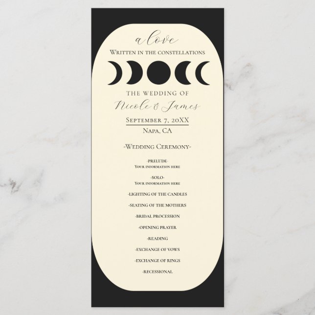 Lunar Luxe Black Cream Moon Phase Wedding Program (Front)