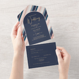 Lunar Navy Blue Blush Pink Rose Gold Wedding All In One Invitation