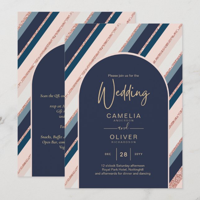 Lunar Navy Blue Blush Pink Rose Gold Wedding Invitation (Front/Back)