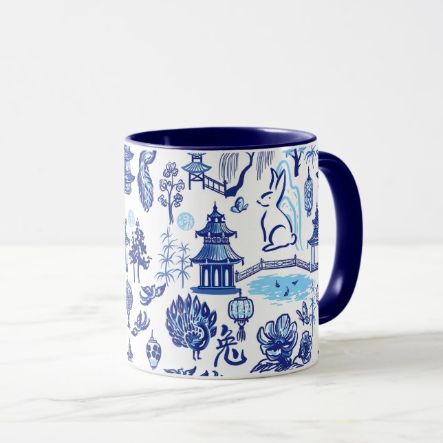 Lunar New Year Rabbit Chinoiserie Blue Mug (Front Right)