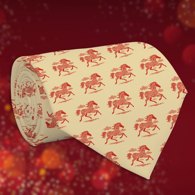 Lunar New Year Red Horse n Clouds on Gold Pattern Tie (Creator Uploaded)