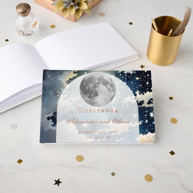 Lunar Night Sky Wedding Foil Guest Book (Front Open)