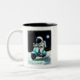 LUNAR SCOOTERIST - Fun 2D Cartoon of an Astronaut Two-Tone Coffee Mug