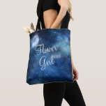 Lunar Sky Full Moon Celestial Galaxy Flower Girl Tote Bag<br><div class="desc">Lunar Sky Full Moon Celestial Galaxy Watercolor Design, with Night Shining Stars, and Glowing Moon Design on a luxurious Navy Blue, Pale Blue, and hints of purple watercolor texture. With Modern Typography Script Fonts. A trendy style design - Personalized Flower Girl Tote Bags! ~ Check my shop to see the...</div>
