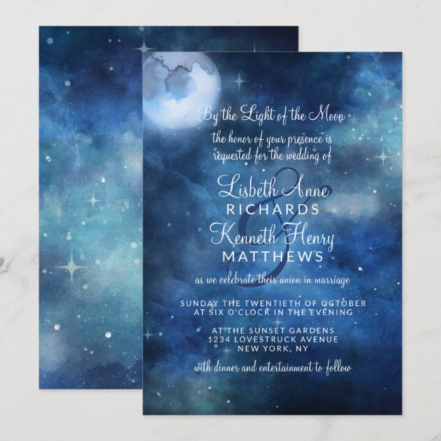 Lunar Sky Full Moon Celestial Stars Wedding Invitation (Front/Back)