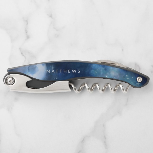 Lunar Sky Full Moon Celestial Wedding Monogram Corkscrew (Front)