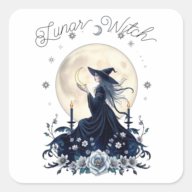 Lunar Witch Celestial Art Personalized Square Sticker (Front)