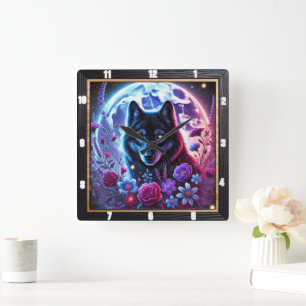 Lunar Wolf and Floral Themed Design Square Wall Clock