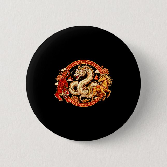 Lunar Zodiac Dragon Tiger Horse Harmony Chinese Ne 2 Inch Round Button (Front)
