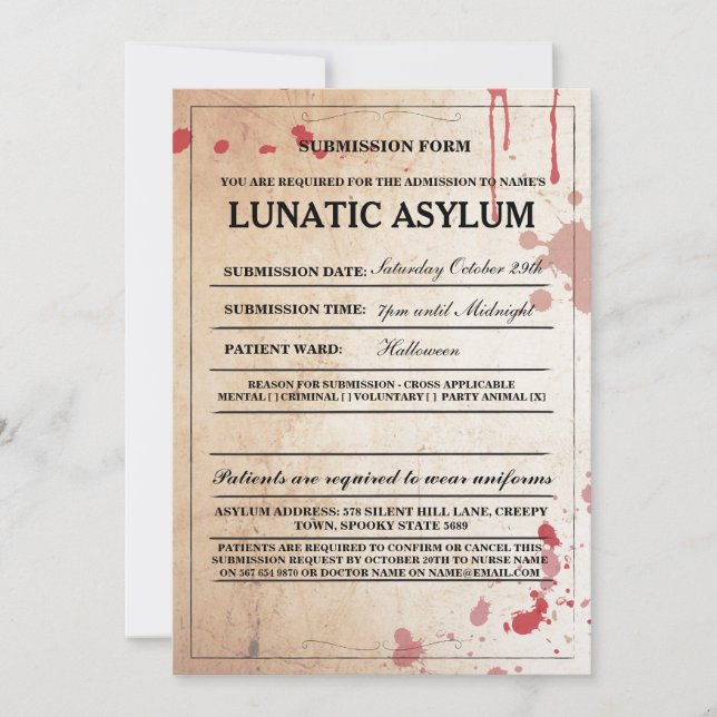 Lunatic Asylum Form Halloween Party Invite (Front)
