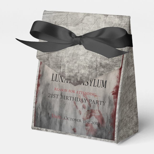 Lunatic Asylum Halloween Birthday Favor Box (Front Side)