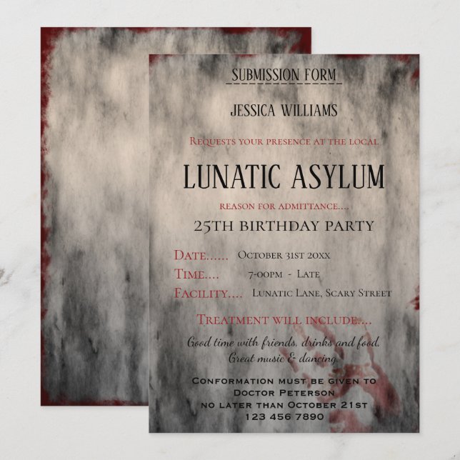 Lunatic Asylum Woman,s Birthday Party Invitation (Front/Back)