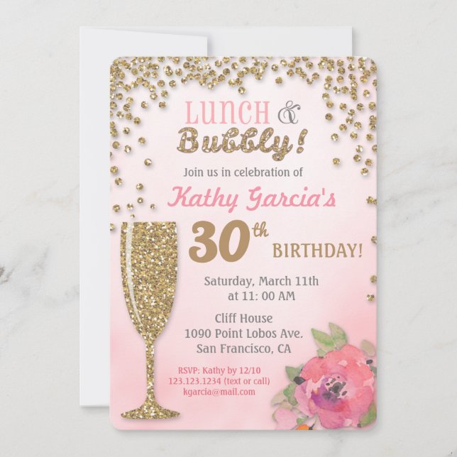 Lunch and Bubbly Birthday Glitter Invitation (Front)