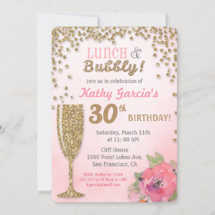 Lunch and Bubbly Birthday Glitter Invitation