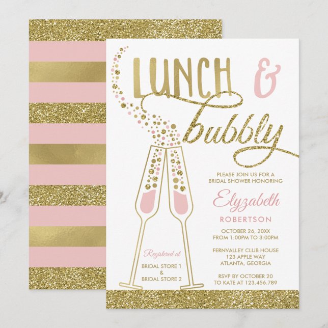 Lunch and Bubbly Bridal Shower Invite, Faux Gold Invitation (Front/Back)