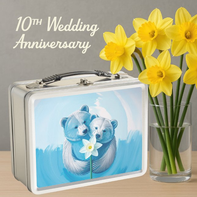 Lunch Box 10ème anniversaire de l'ours couple (10th wedding anniversary Metal Tin lunch box keepsake gift. Daffodil anniversary for ten years)
